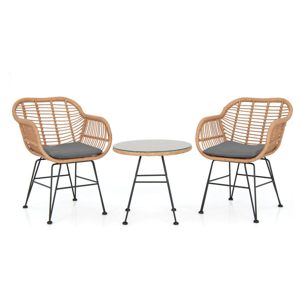 3 Piece Patio Rattan Set With 2 Cushioned Chairs And Tempered Glass Table-Gray