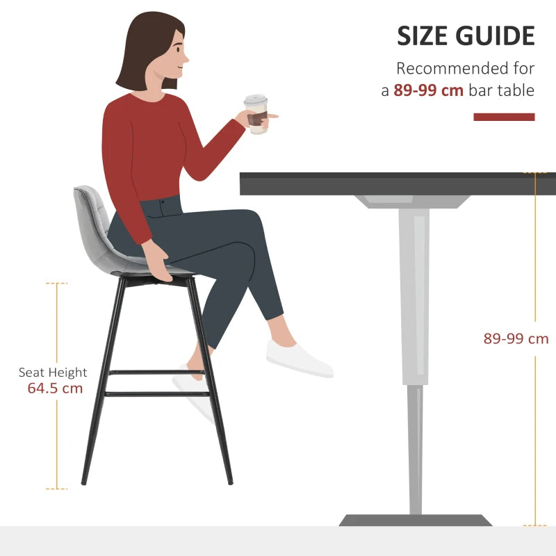 HOMCOM Set of 2 Bar Stools Velvet-Touch Dining Chairs - Grey