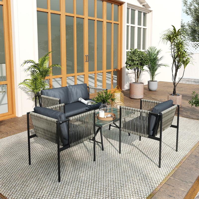 Outsunny 4 Seater Wicker Outdoor Furniture Set with Glass Coffee Table Grey