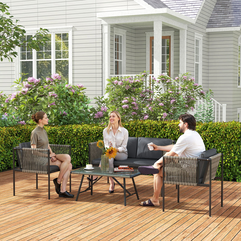 Outsunny 4 Seater Wicker Outdoor Furniture Set with Glass Coffee Table Grey