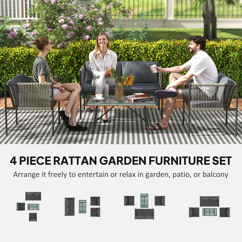 Outsunny 4 Seater Wicker Outdoor Furniture Set with Glass Coffee Table Grey