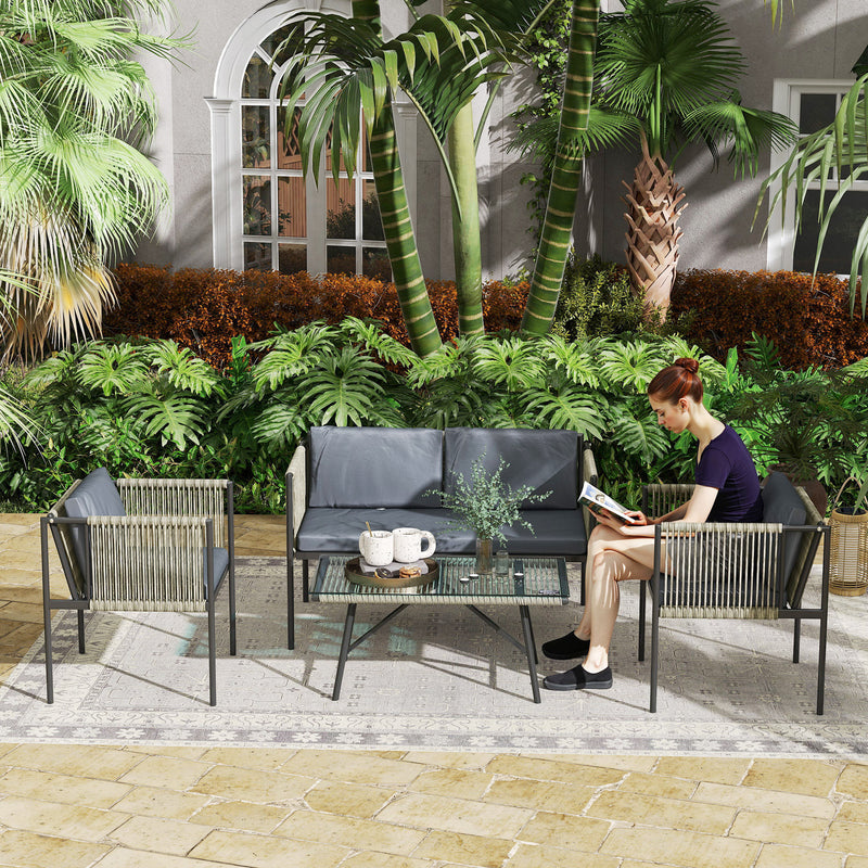 Outsunny 4 Seater Wicker Outdoor Furniture Set with Glass Coffee Table Grey