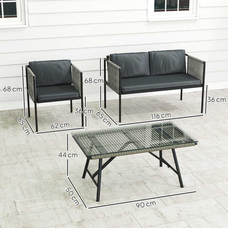 Outsunny 4 Seater Wicker Outdoor Furniture Set with Glass Coffee Table Grey