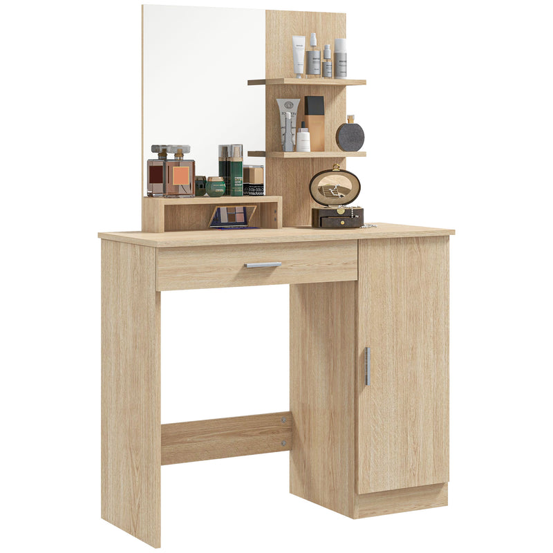 HOMCOM Vanity Table, Makeup Table With Mirror And Storage, Maple Wood-effect