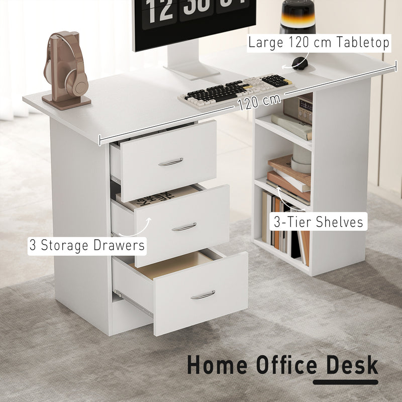 HOMCOM 120cm Computer Desk PC Table Workstation W/ 3 Shelf & Drawers White