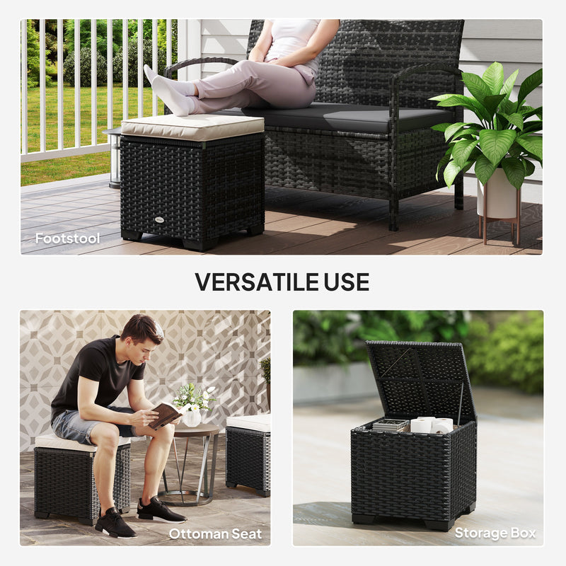 Outsunny Set of 2 Rattan Footstool, Storage Ottoman w/ Cushions