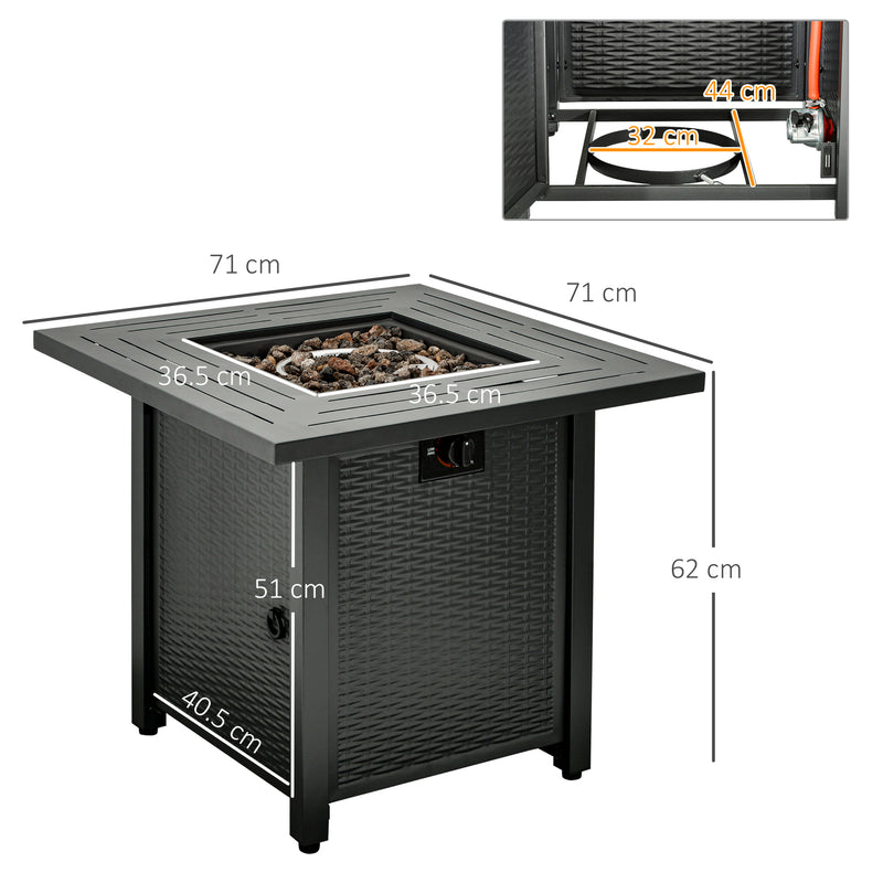 Outsunny Square Propane Gas Fire Pit Table, 50000 BTU Rattan Smokeless Firepit Patio Heater with Protective Cover, Lava Rocks and Lid, 71cm x 71cm x 62cm, Black