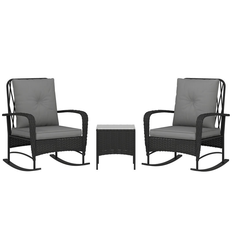 Outsunny Rattan Bistro Set Balcony Furniture with Rocking Chairs, Black