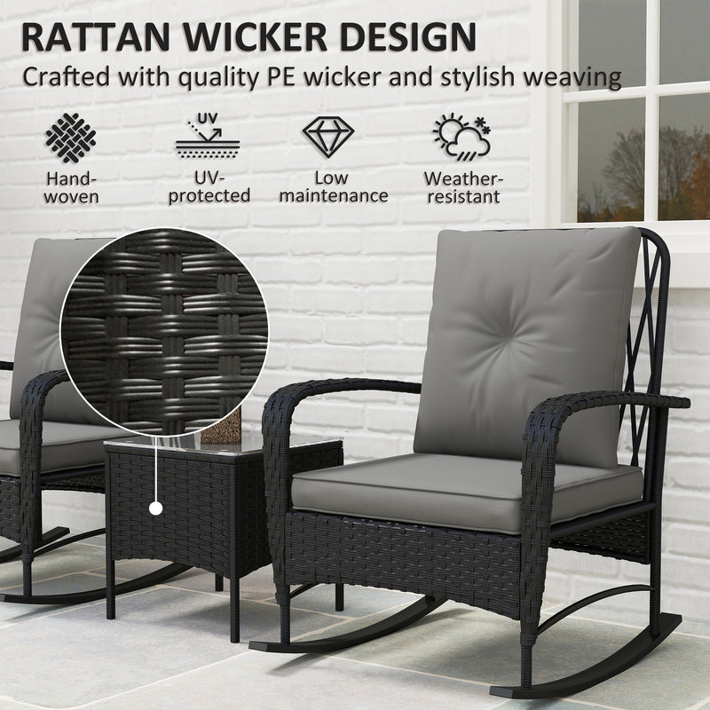 Outsunny Rattan Bistro Set Balcony Furniture with Rocking Chairs, Black