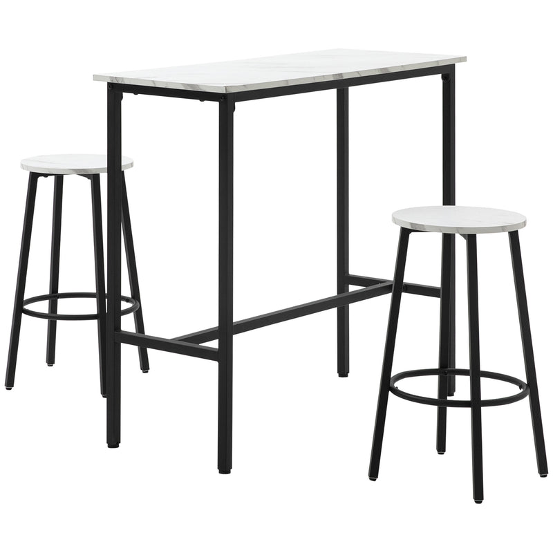 HOMCOM 3 Piece White Bar Table Set For 2 With Stools Steel Frame Footrest