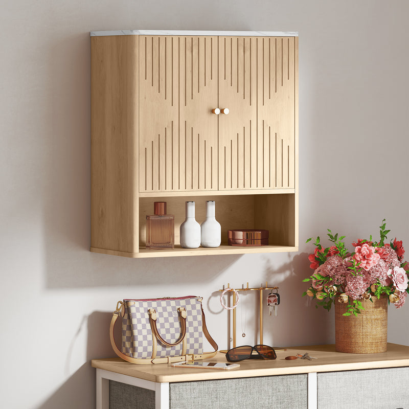 HOMCOM Bathroom Wall Cabinet with Adjustable Shelf and Open Shelf, Oak