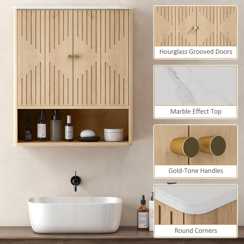 HOMCOM Bathroom Wall Cabinet with Adjustable Shelf and Open Shelf, Oak