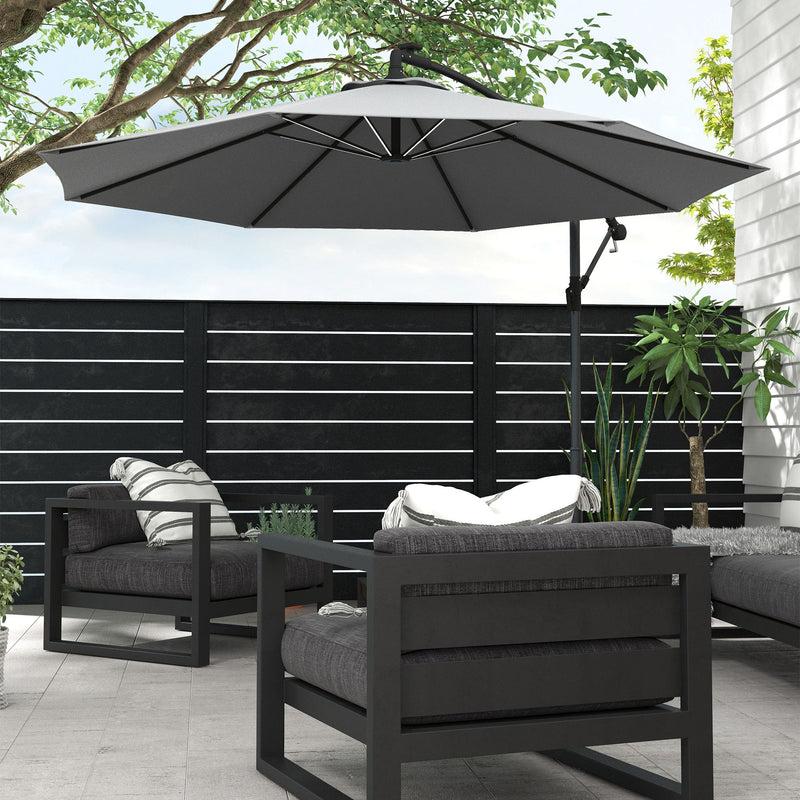 Outsunny 3(m) LED Patio Banana Umbrella Cantilever Parasol W/ Crank - Grey/Beige