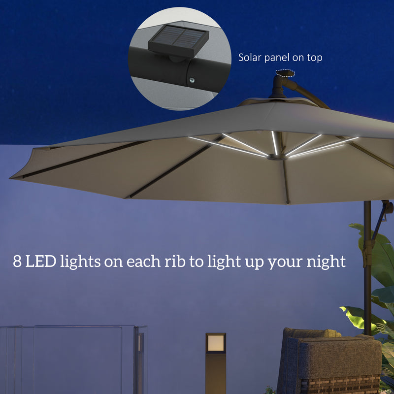 Outsunny 3(m) LED Patio Banana Umbrella Cantilever Parasol W/ Crank - Grey/Beige