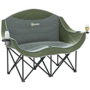 Outsunny Double Camping Chair For Adults With Armrests, Cup Holders - Green/Khaki