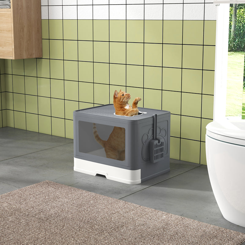PawHut Enclosed Cat Litter Tray with Lid, Front Entry, Top Exit, Scoop, Brush