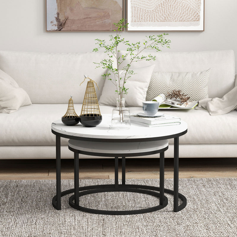 HOMCOM 2 Pcs Stacking Coffee Table Set Steel Frame, Marble-Effect White