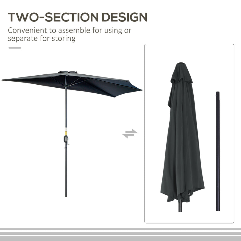Outsunny 3(m) Half Round Parasol Garden Sun Umbrella Metal w/ Crank Black