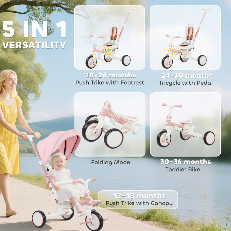 AIYAPLAY 5 in 1 Foldable Kids Trike, Toddler Tricycle for 1-3 Years,