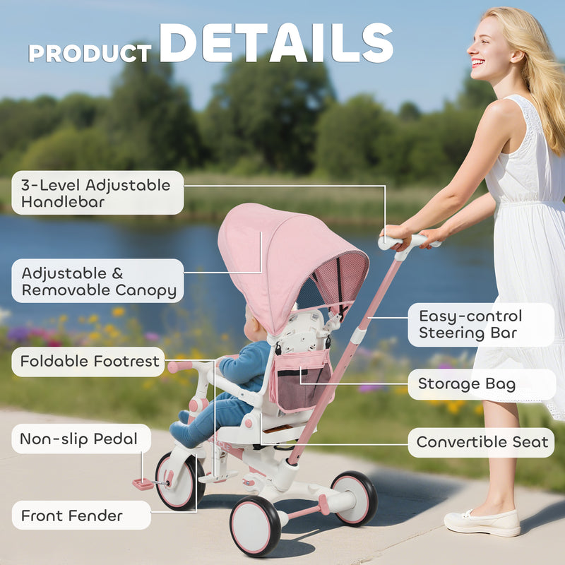 AIYAPLAY 5 in 1 Foldable Kids Trike, Toddler Tricycle for 1-3 Years,