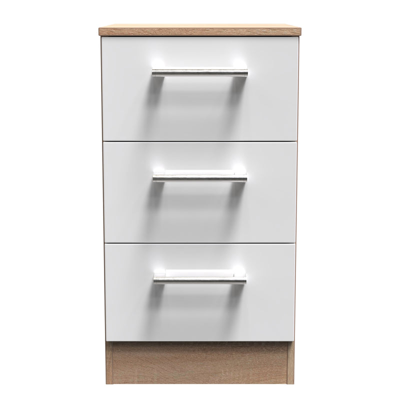 Milan Ready Assembled Bedside Table with 3 Drawers - White Gloss / Oak