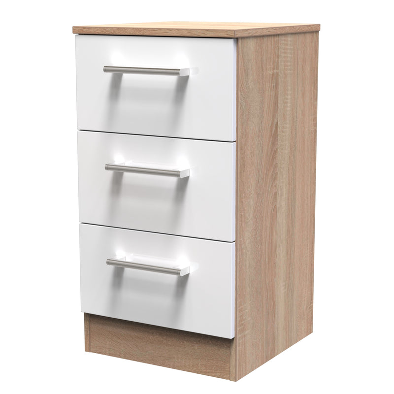 Milan Ready Assembled Bedside Table with 3 Drawers - White Gloss / Oak