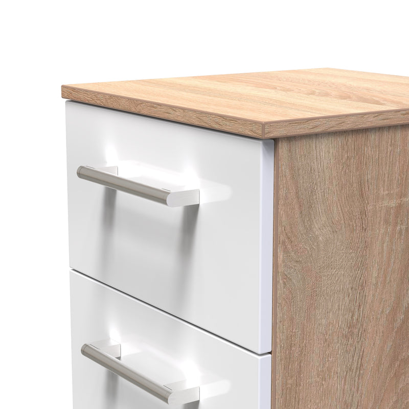 Milan Ready Assembled Bedside Table with 3 Drawers - White Gloss / Oak