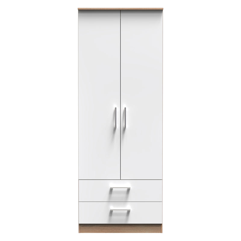 Milan Ready Assembled Wardrobe with 2 Doors and 2 Drawers - White Gloss / Oak