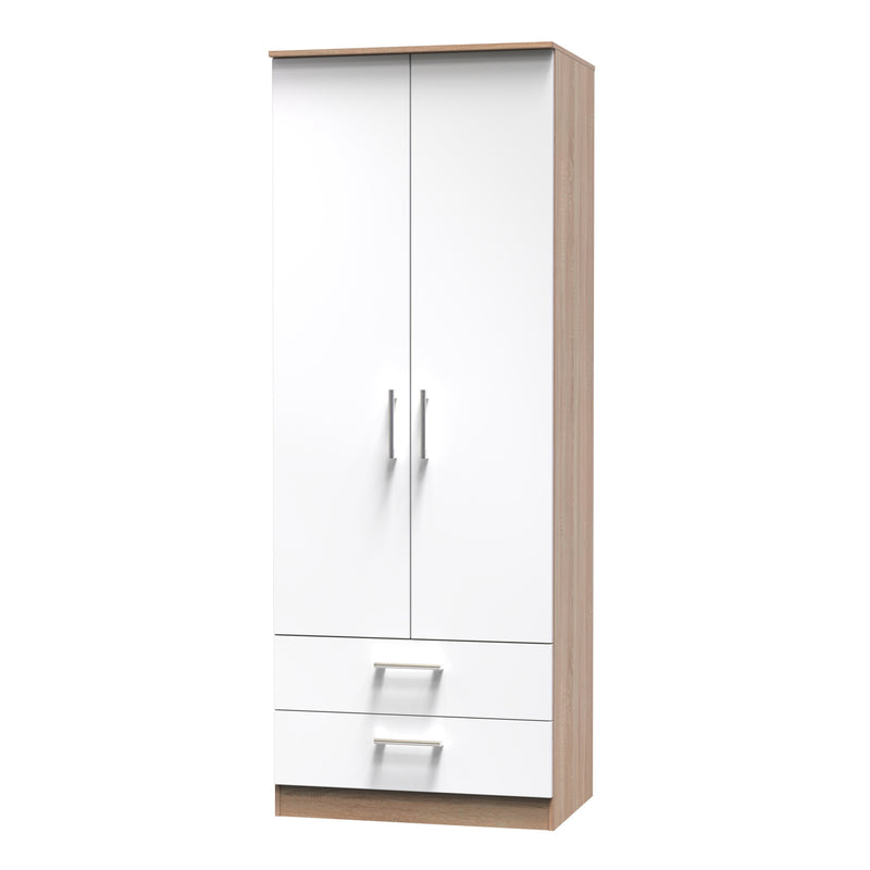 Milan Ready Assembled Wardrobe with 2 Doors and 2 Drawers - White Gloss / Oak