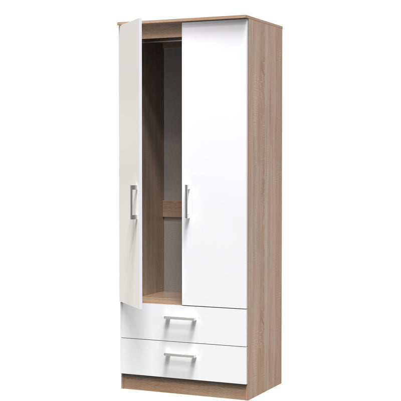 Milan Ready Assembled Wardrobe with 2 Doors and 2 Drawers - White Gloss / Oak