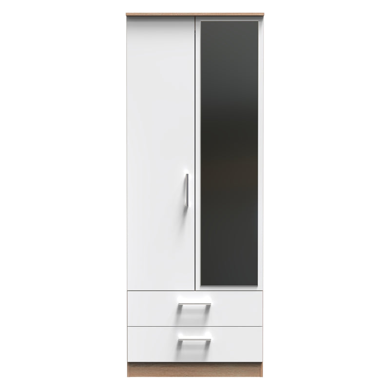 Milan Ready Assembled Wardrobe with 2 Doors and 2 Drawers with Mirror - White Gloss / Oak