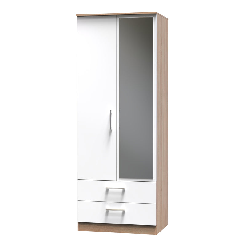 Milan Ready Assembled Wardrobe with 2 Doors and 2 Drawers with Mirror - White Gloss / Oak
