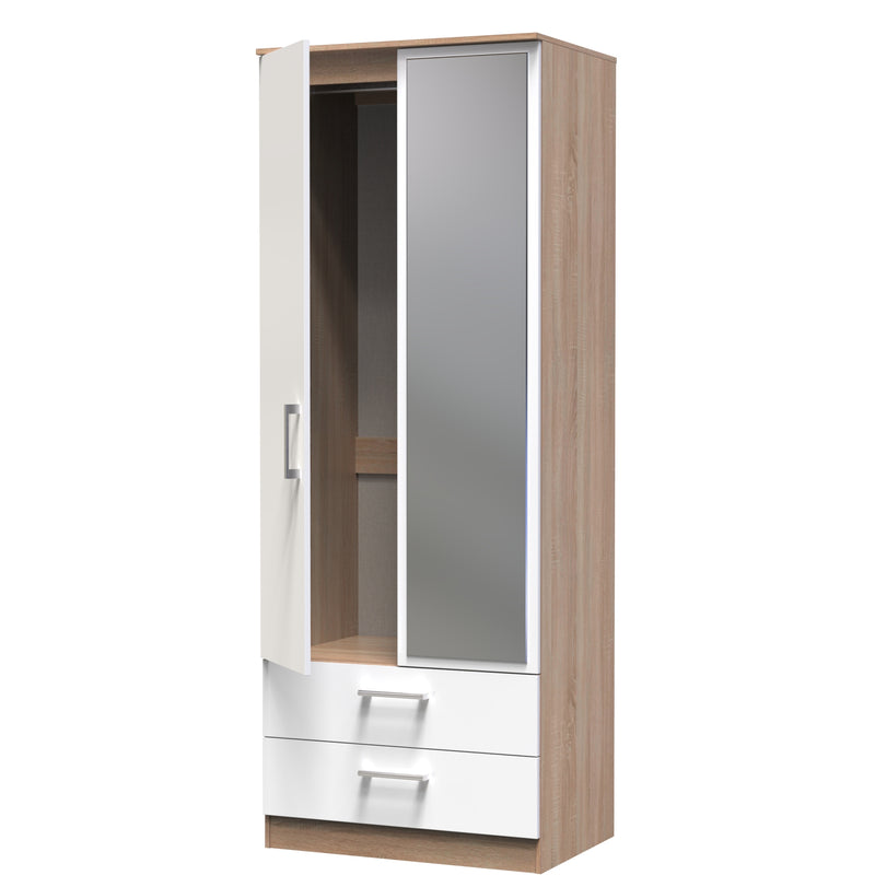 Milan Ready Assembled Wardrobe with 2 Doors and 2 Drawers with Mirror - White Gloss / Oak