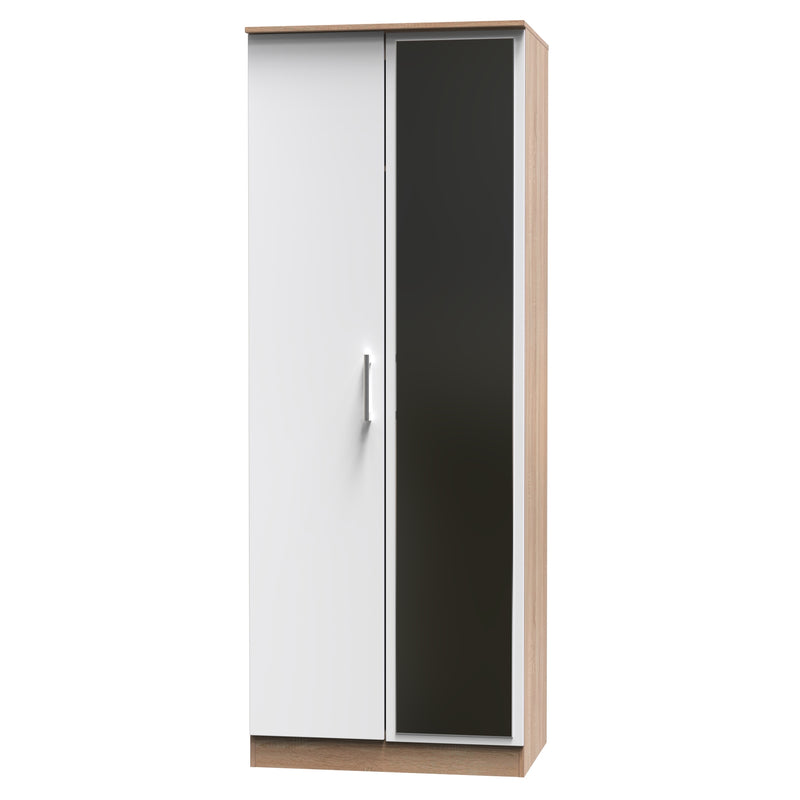 Milan Ready Assembled Wardrobe with 2 Doors and Mirror - White Gloss / Oak