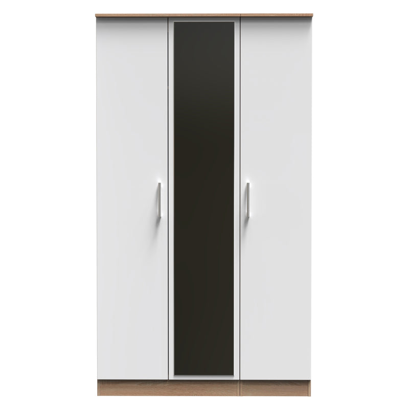 Milan Ready Assembled Wardrobe with Triple Mirror - White Matt / Oak