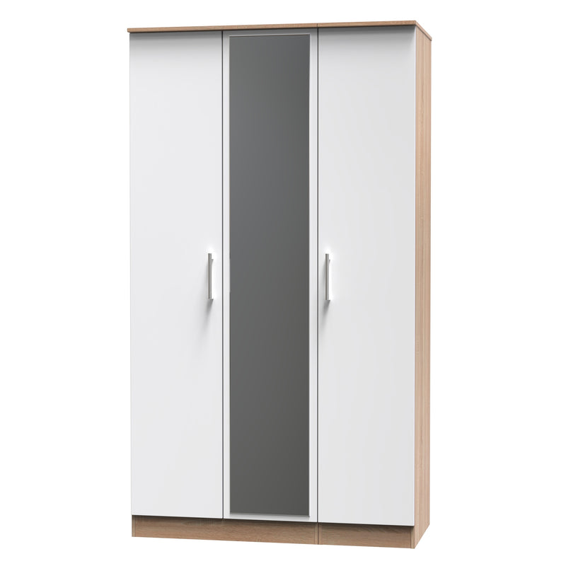 Milan Ready Assembled Wardrobe with Triple Mirror - White Gloss / Oak