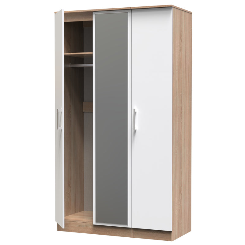 Milan Ready Assembled Wardrobe with Triple Mirror - White Gloss / Oak