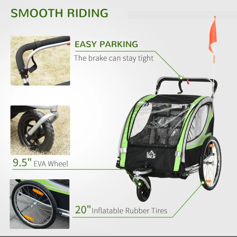 HOMCOM Child Bike Trailer 2 In 1 Baby Stroller = Green