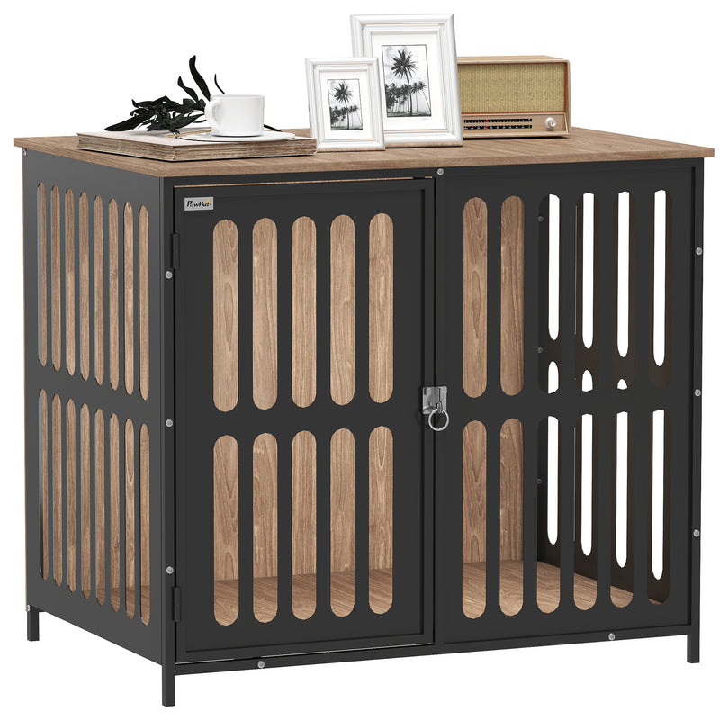 PawHut Dog Crate Furniture with Anti-Chew Resistant Mesh for Dogs - Walnut Brown