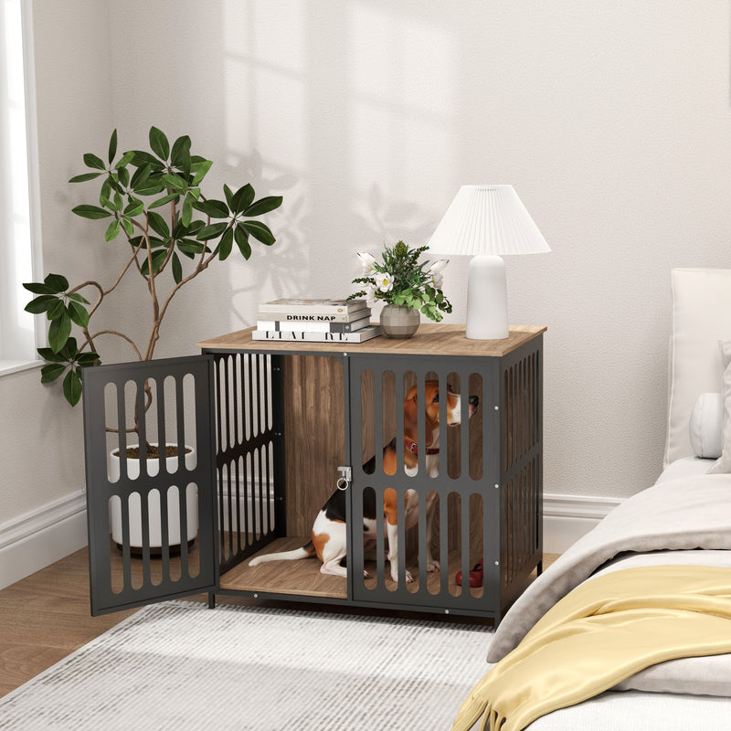 PawHut Dog Crate Furniture with Anti-Chew Resistant Mesh for Dogs - Walnut Brown
