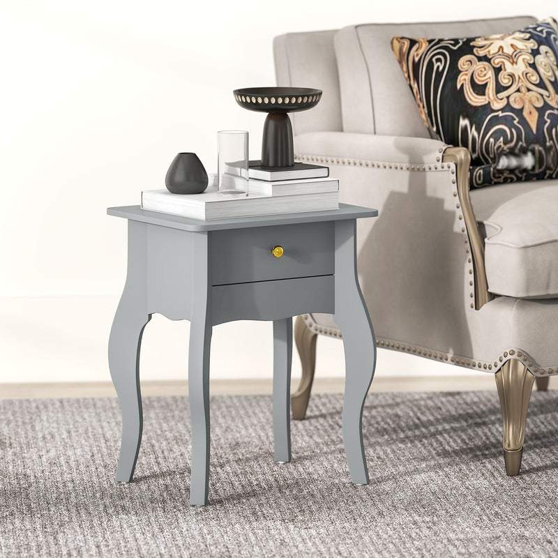 HOMCOM End Table French Style Small Table with Drawer and Curved Legs, Grey