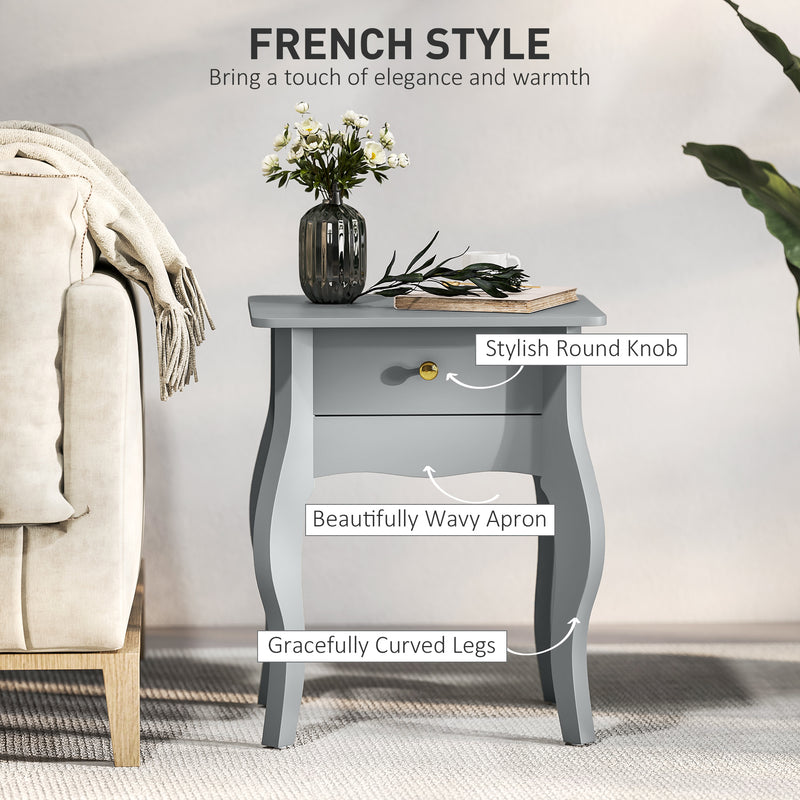 HOMCOM End Table French Style Small Table with Drawer and Curved Legs, Grey