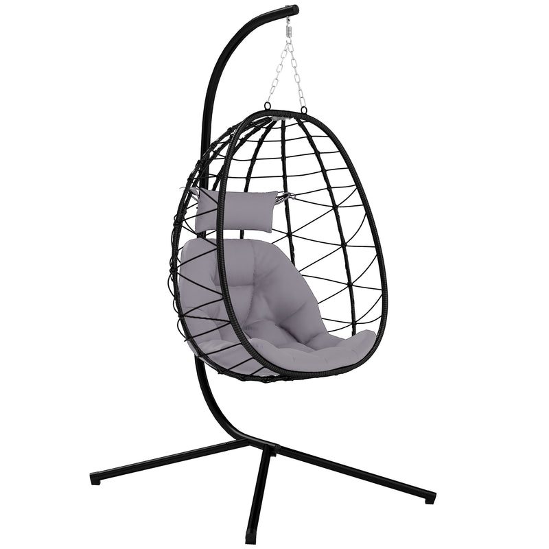 Outsunny Garden Egg Chair Outdoor Hanging Swing Chair, Folding Basket, Khaki