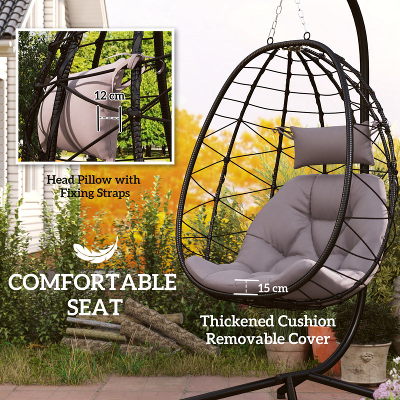 Outsunny Garden Egg Chair Outdoor Hanging Swing Chair, Folding Basket, Khaki