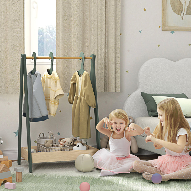 AIYAPLAY Kids Clothes Rail with Hangers, Base Shelf for Girls, Boys, Green