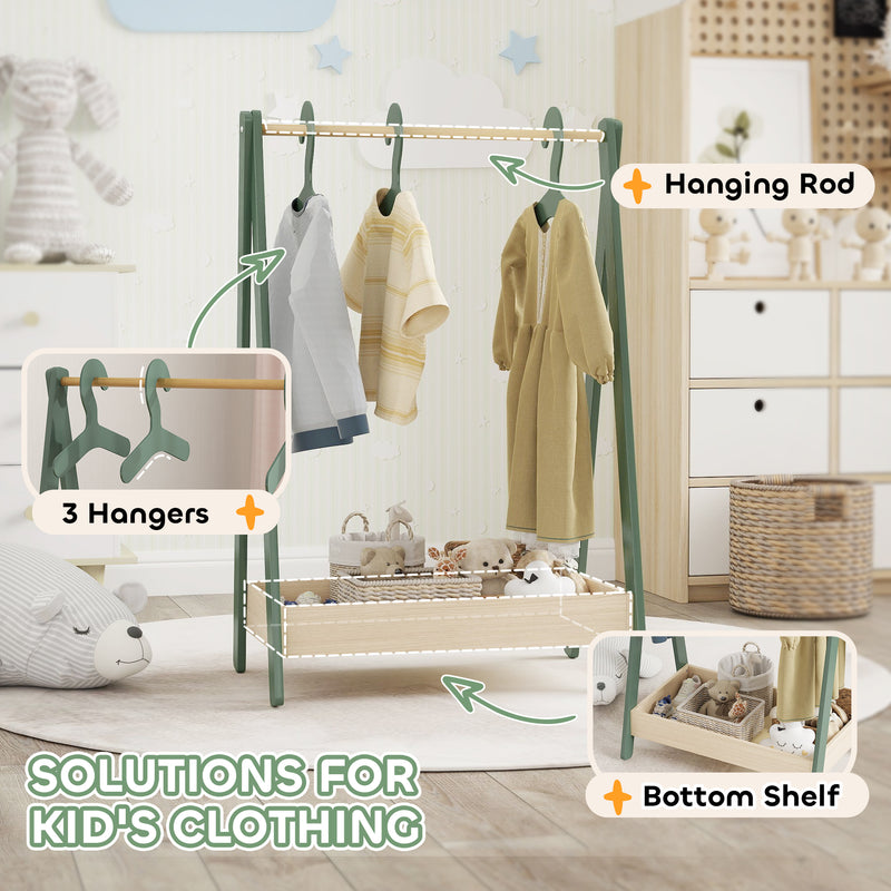AIYAPLAY Kids Clothes Rail with Hangers, Base Shelf for Girls, Boys, Green