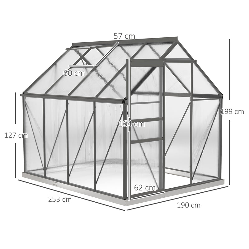 Outsunny Polycarbonate Walk-in Garden Greenhouse W/ Sliding Door Dark Grey
