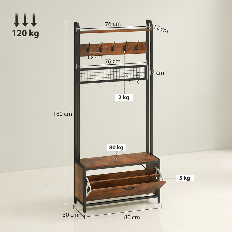 HOMCOM Industrial Hall Tree Coat Rack Stand with Shoe Cabinet