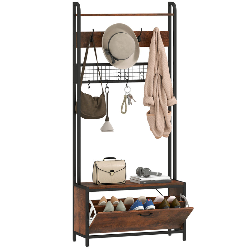 HOMCOM Industrial Hall Tree Coat Rack Stand with Shoe Cabinet