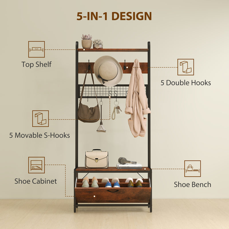 HOMCOM Industrial Hall Tree Coat Rack Stand with Shoe Cabinet